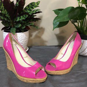 Pink Patent Peep Toe Cork Wedge Heel